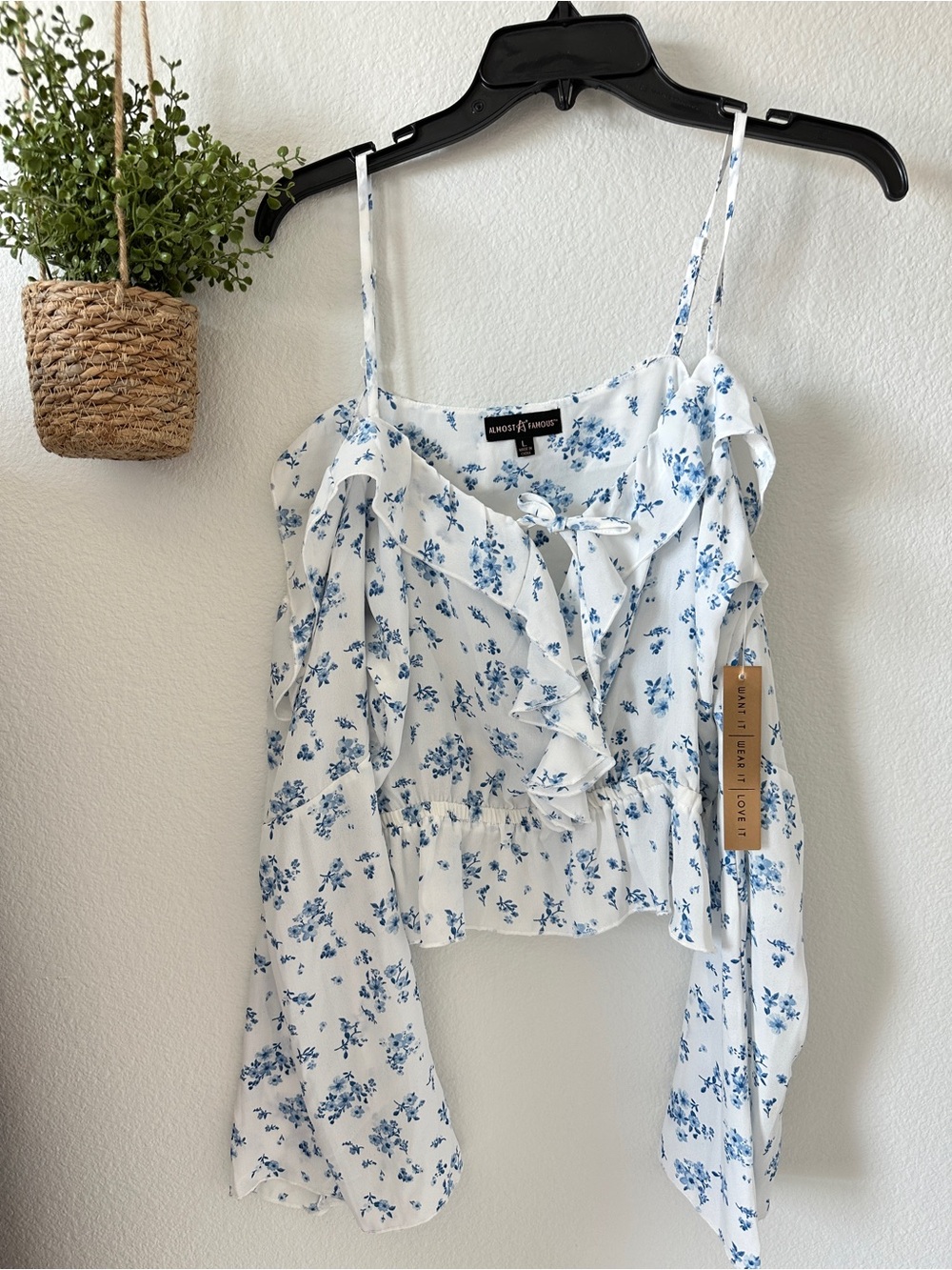 Almost Famous White and Blue Floral Ruffle Cold-Shoulder Top